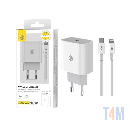 OnePlus EU Wall Charger NA0274 with Type C to Lightning Cable 1PD Port 3.4A Max. 18W White